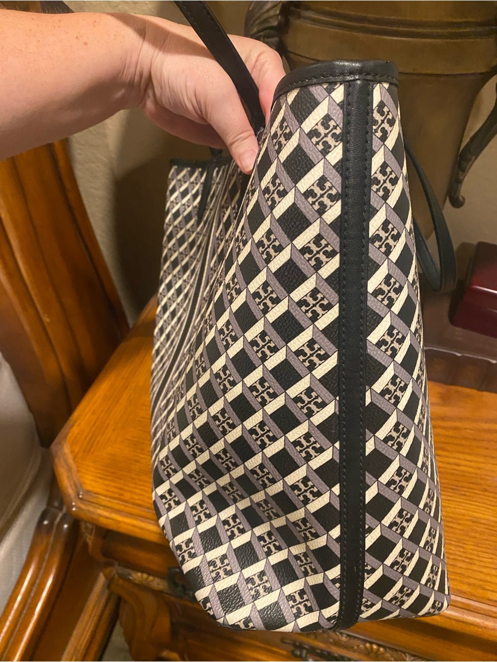 Tory Burch Black, Gray and Cream Monogram Stripe Tote - Picture 3 of 7